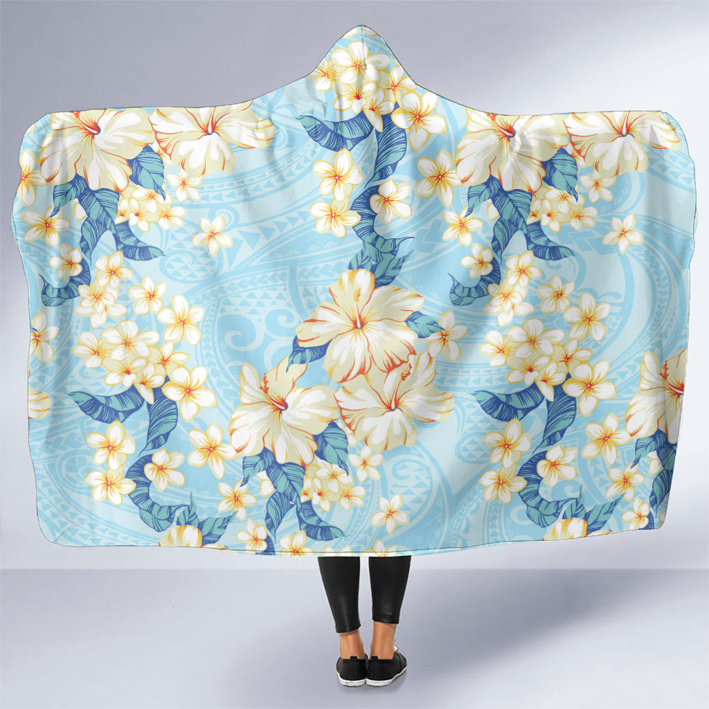 Hawaii Hibiscus Plumeria Blue Hooded Blanket Polynesian Pattern LT01 One Size Blue - Polynesian Pride