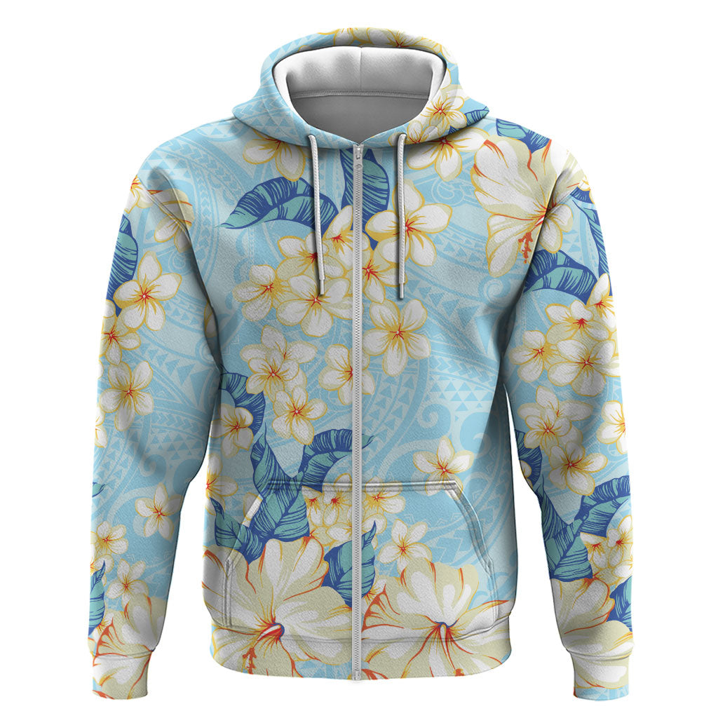 Hawaii Hibiscus Plumeria Blue Hoodie Polynesian Pattern LT01 Zip Hoodie Blue - Polynesian Pride