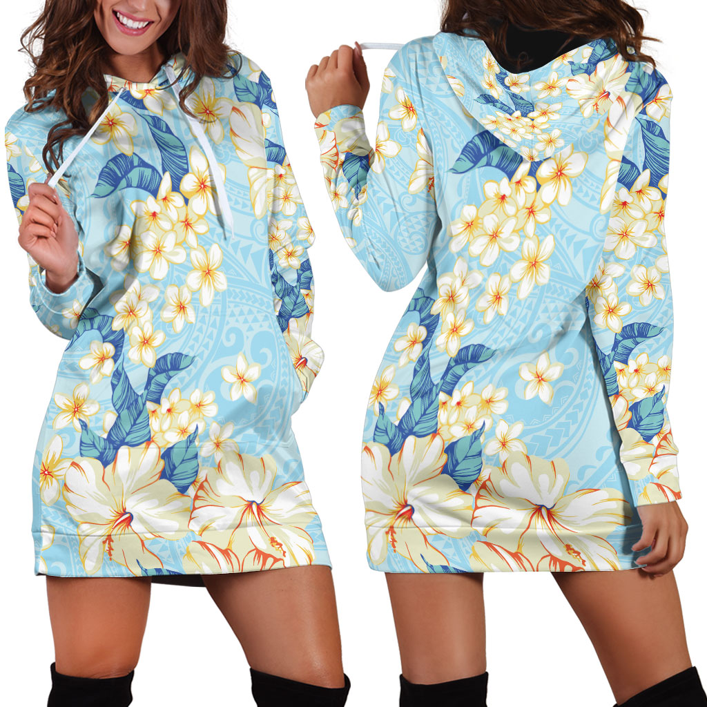 Hawaii Hibiscus Plumeria Blue Hoodie Dress Polynesian Pattern LT01 - Polynesian Pride