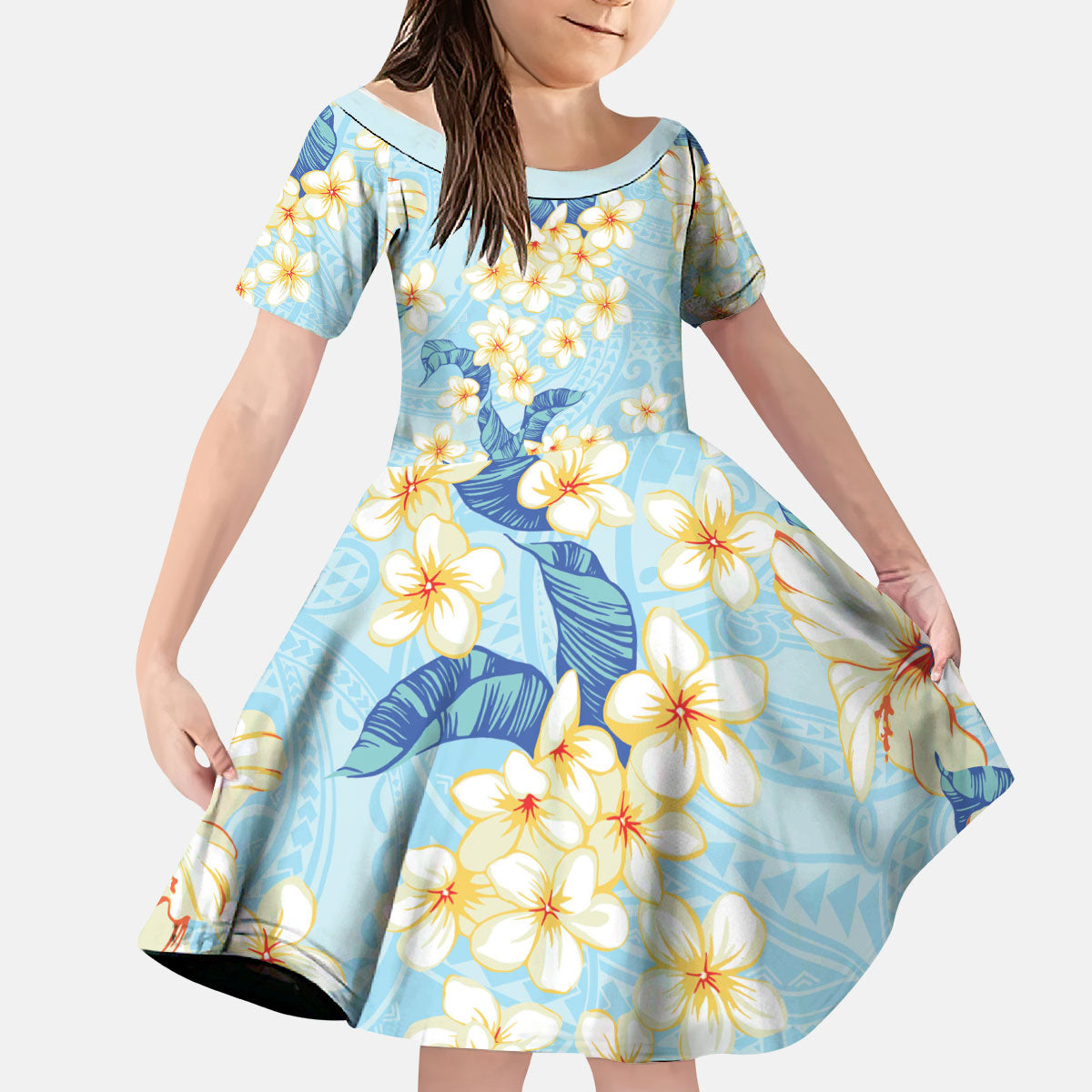 Hawaii Hibiscus Plumeria Blue Kid Short Sleeve Dress Polynesian Pattern LT01 KID Blue - Polynesian Pride