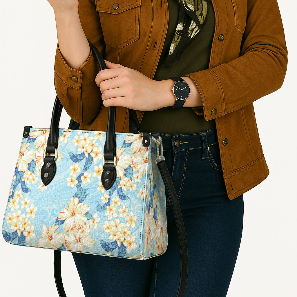 Hawaii Hibiscus Plumeria Blue Leather Bag Polynesian Pattern LT01 - Polynesian Pride