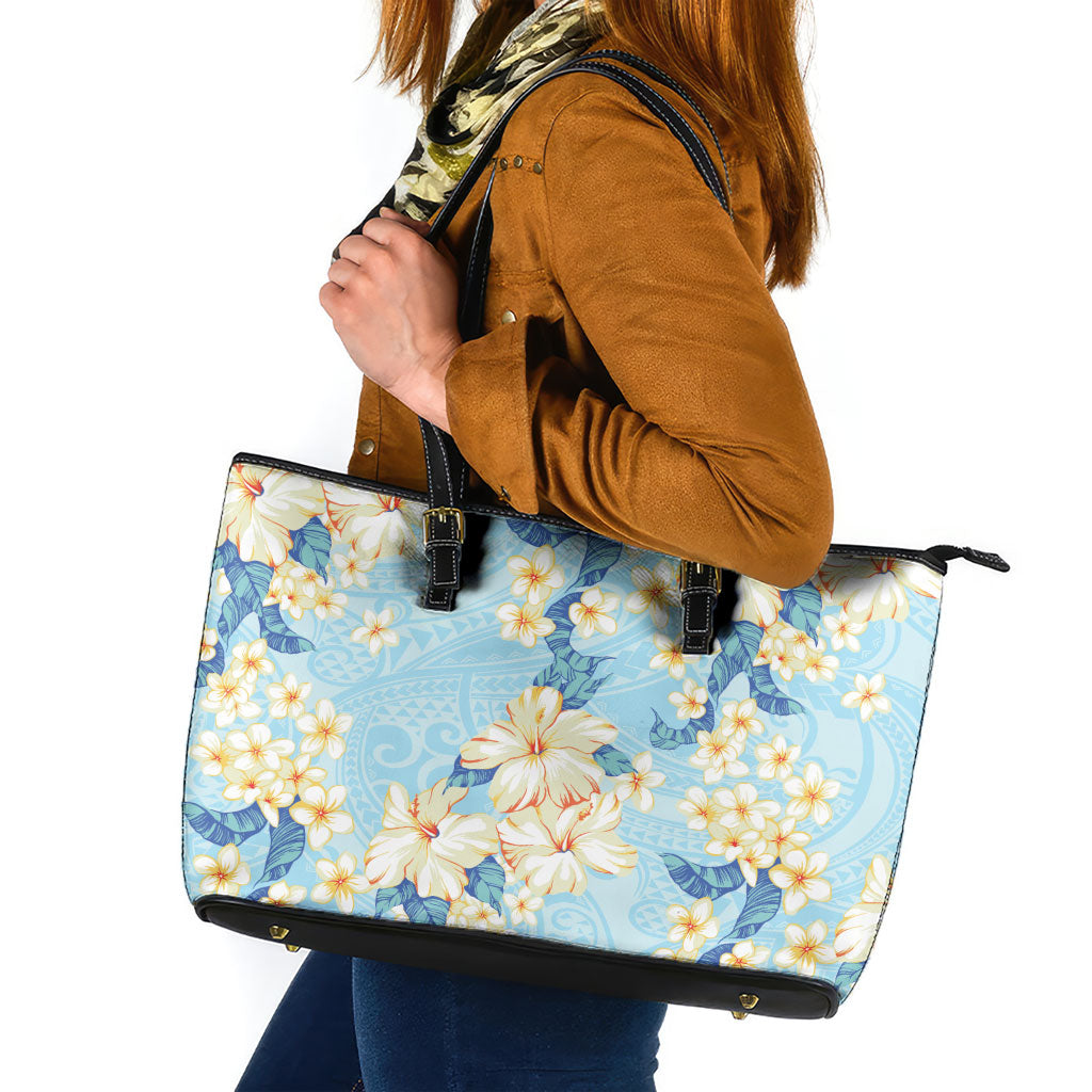 Hawaii Hibiscus Plumeria Blue Leather Tote Bag Polynesian Pattern LT01 Blue - Polynesian Pride