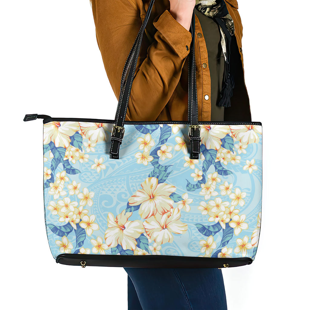 Hawaii Hibiscus Plumeria Blue Leather Tote Bag Polynesian Pattern LT01 - Polynesian Pride