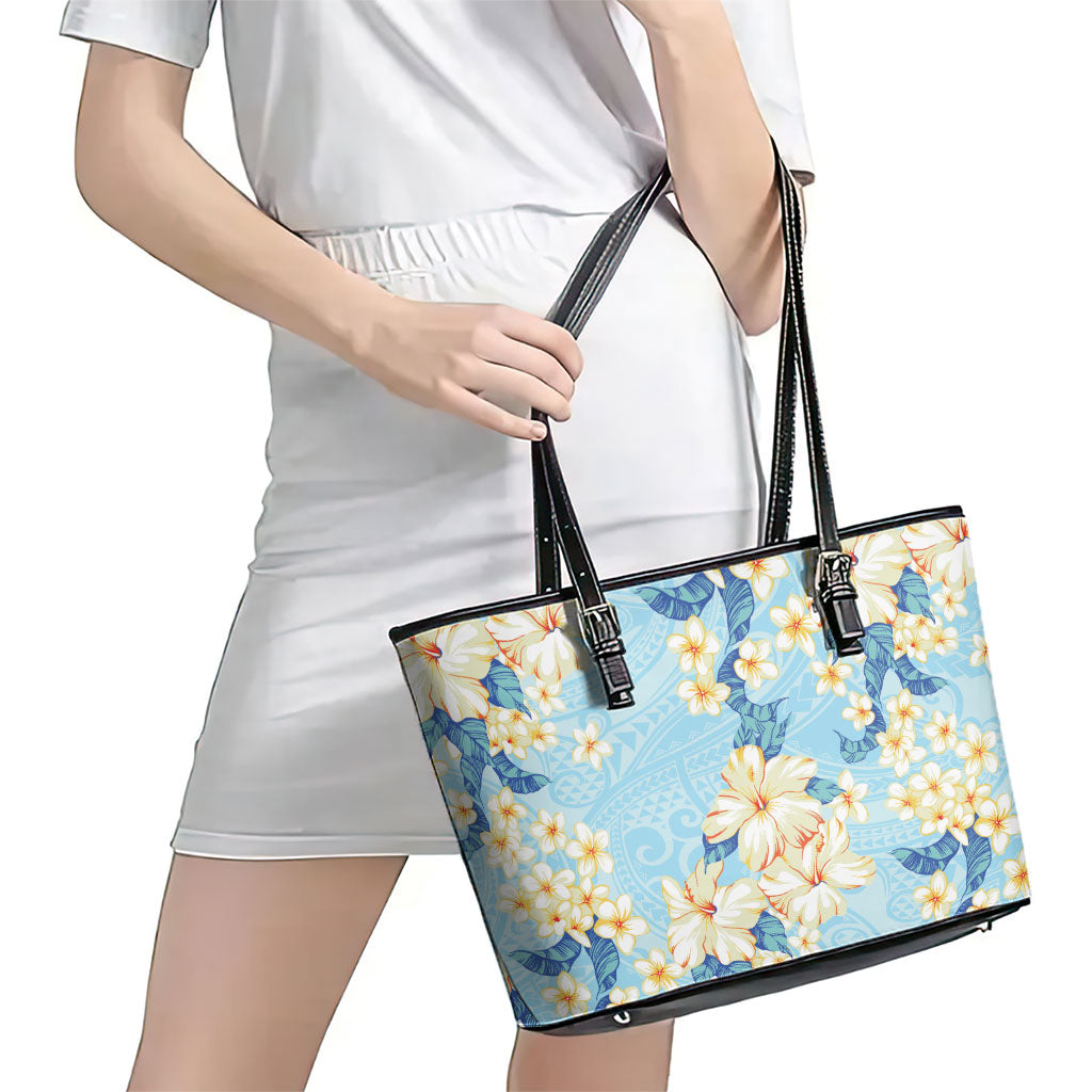 Hawaii Hibiscus Plumeria Blue Leather Tote Bag Polynesian Pattern LT01 - Polynesian Pride