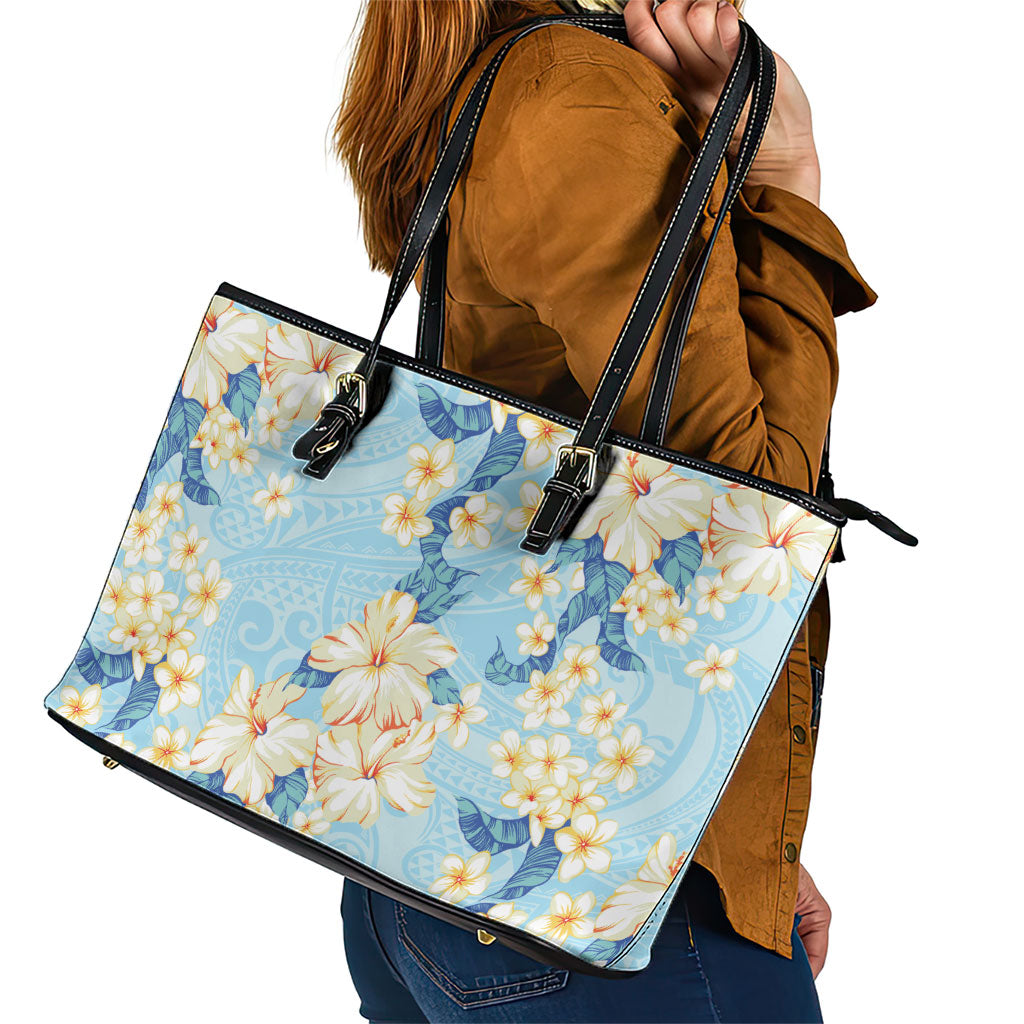 Hawaii Hibiscus Plumeria Blue Leather Tote Bag Polynesian Pattern LT01 - Polynesian Pride