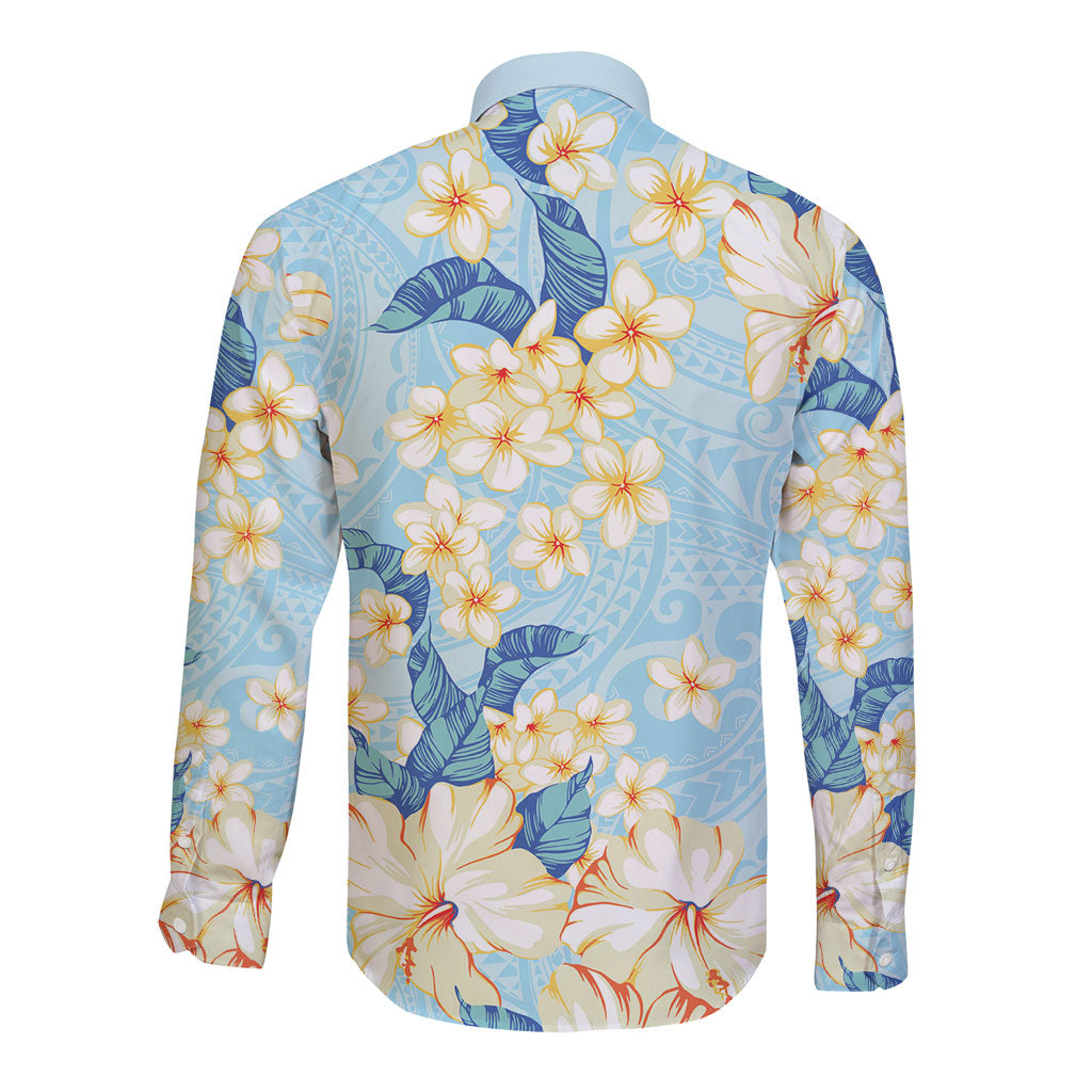 Hawaii Hibiscus Plumeria Blue Long Sleeve Button Shirt Polynesian Pattern LT01 - Polynesian Pride