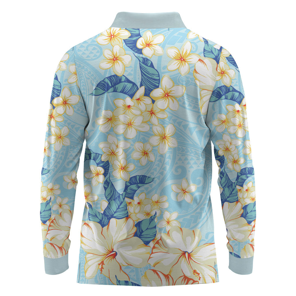Hawaii Hibiscus Plumeria Blue Long Sleeve Polo Shirt Polynesian Pattern LT01 - Polynesian Pride