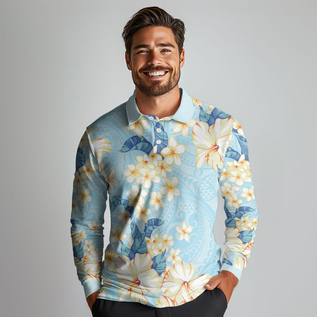 Hawaii Hibiscus Plumeria Blue Long Sleeve Polo Shirt Polynesian Pattern LT01 - Polynesian Pride