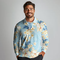 Hawaii Hibiscus Plumeria Blue Long Sleeve Polo Shirt Polynesian Pattern LT01 - Polynesian Pride