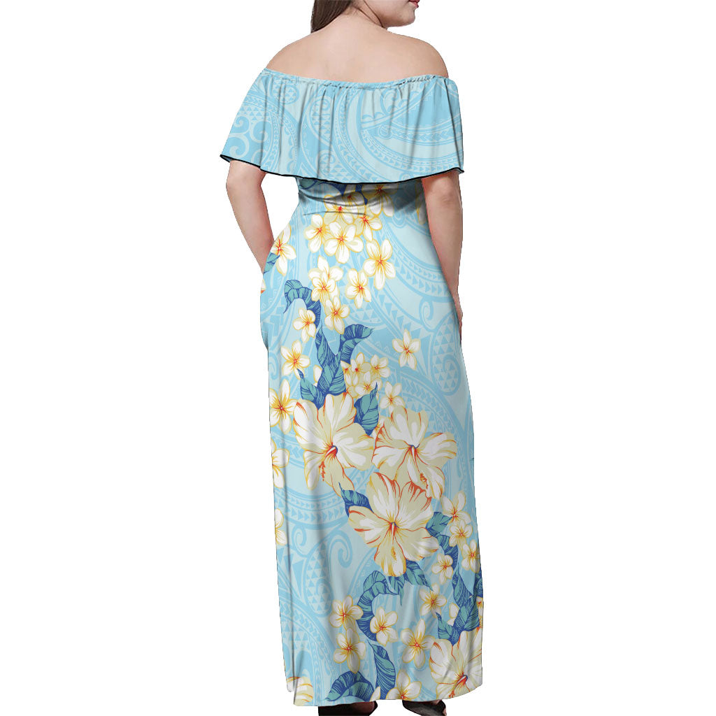Hawaii Hibiscus Plumeria Blue Off Shoulder Maxi Dress Polynesian Pattern LT01 - Polynesian Pride
