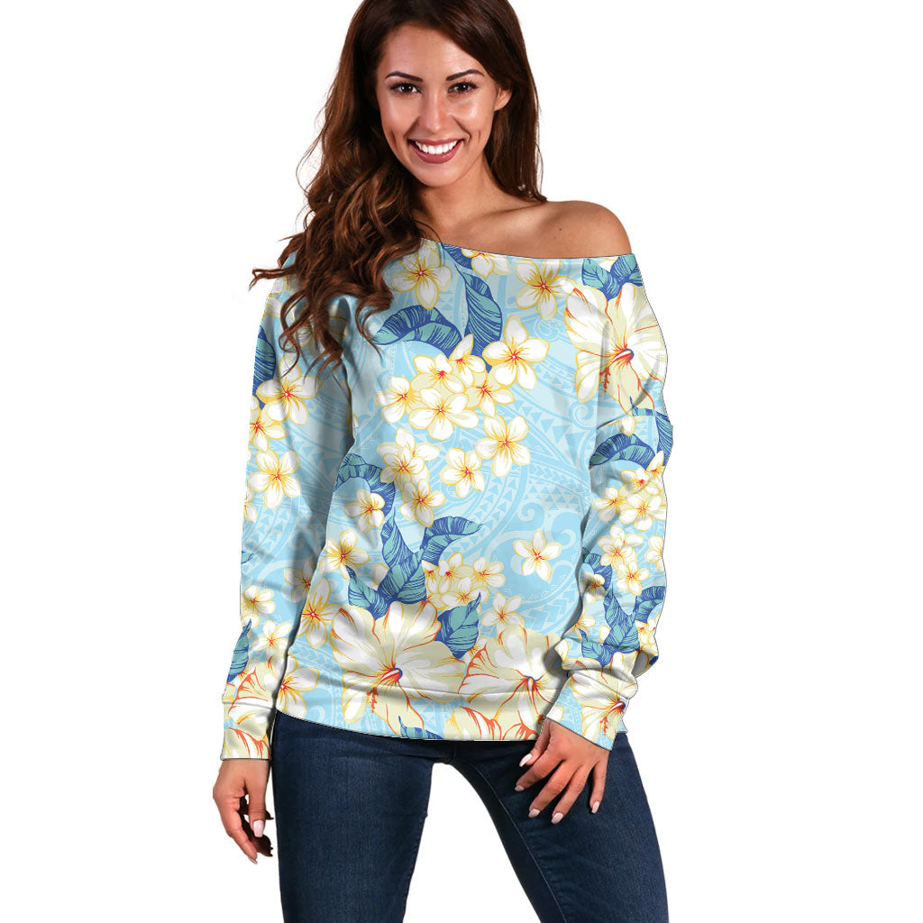 Hawaii Hibiscus Plumeria Blue Off Shoulder Sweater Polynesian Pattern LT01 Women Blue - Polynesian Pride