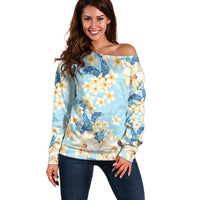 Hawaii Hibiscus Plumeria Blue Off Shoulder Sweater Polynesian Pattern LT01 Women Blue - Polynesian Pride