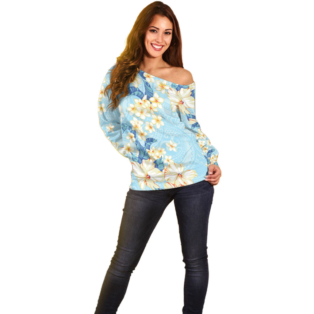 Hawaii Hibiscus Plumeria Blue Off Shoulder Sweater Polynesian Pattern LT01 - Polynesian Pride