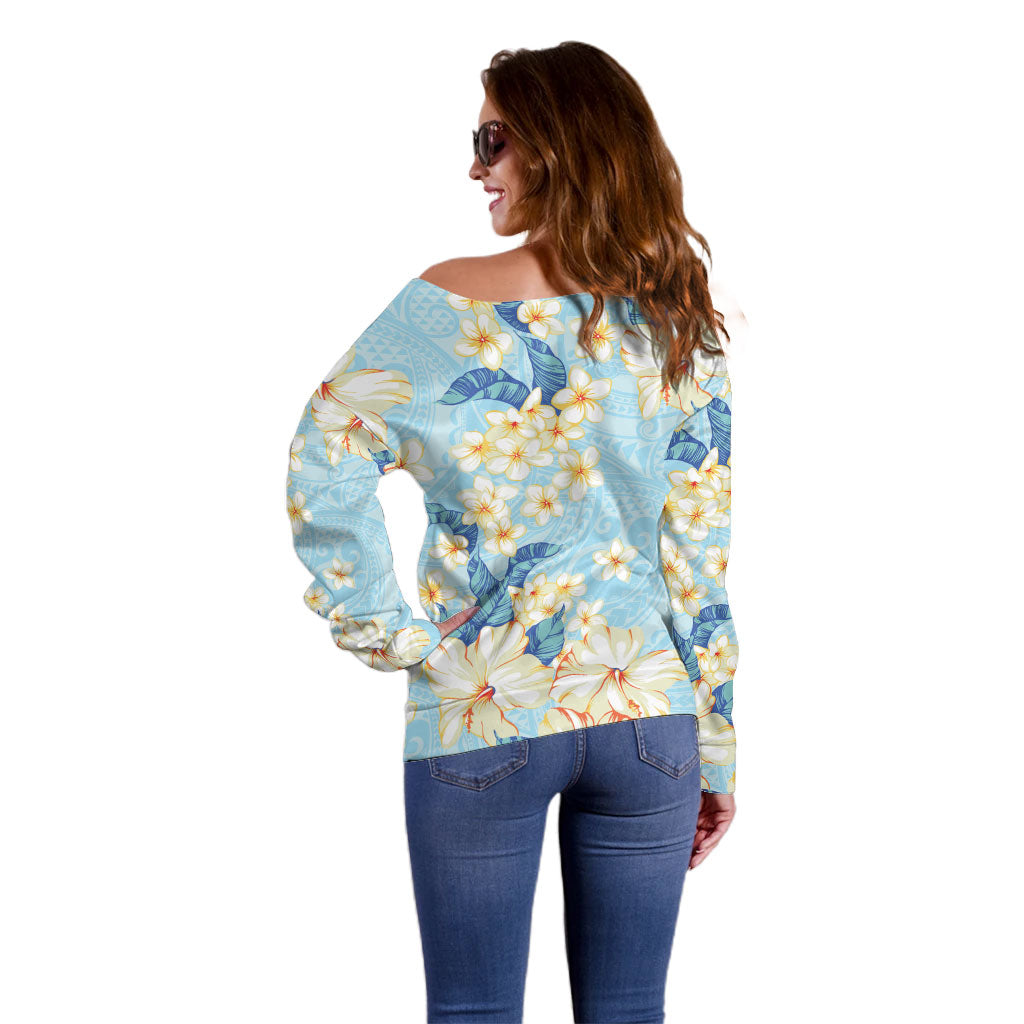 Hawaii Hibiscus Plumeria Blue Off Shoulder Sweater Polynesian Pattern LT01 - Polynesian Pride