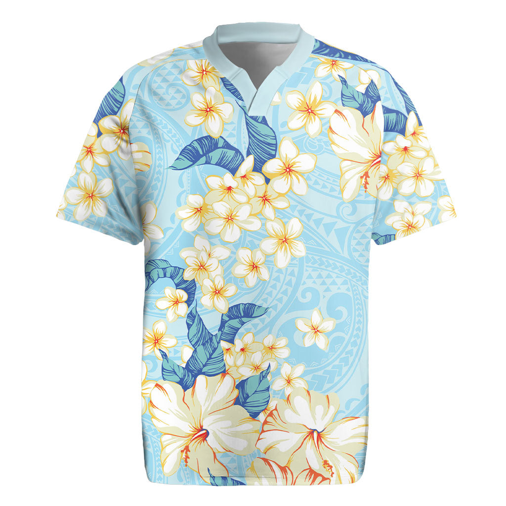 Hawaii Hibiscus Plumeria Blue Rugby Jersey Polynesian Pattern LT01 Blue - Polynesian Pride