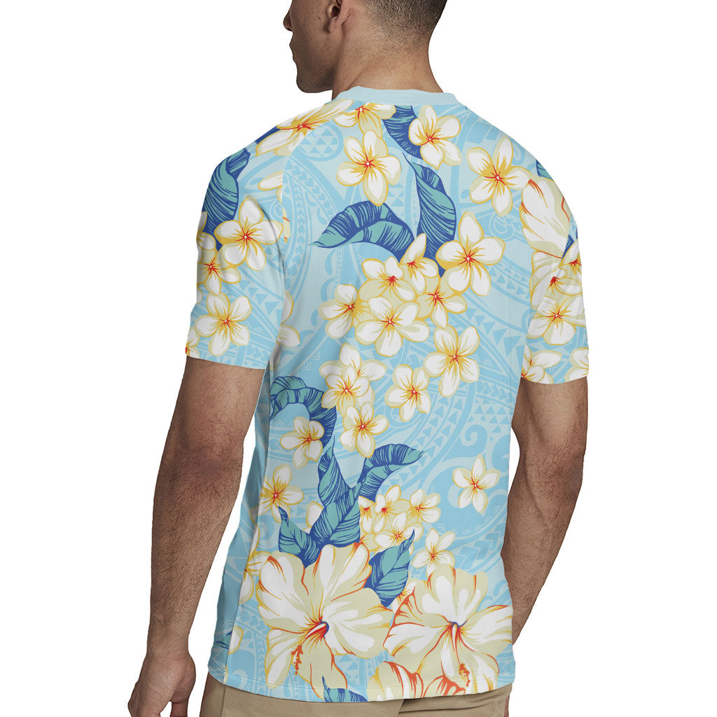 Hawaii Hibiscus Plumeria Blue Rugby Jersey Polynesian Pattern LT01 - Polynesian Pride