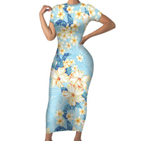 Hawaii Hibiscus Plumeria Blue Short Sleeve Bodycon Dress Polynesian Pattern LT01 Long Dress Blue - Polynesian Pride