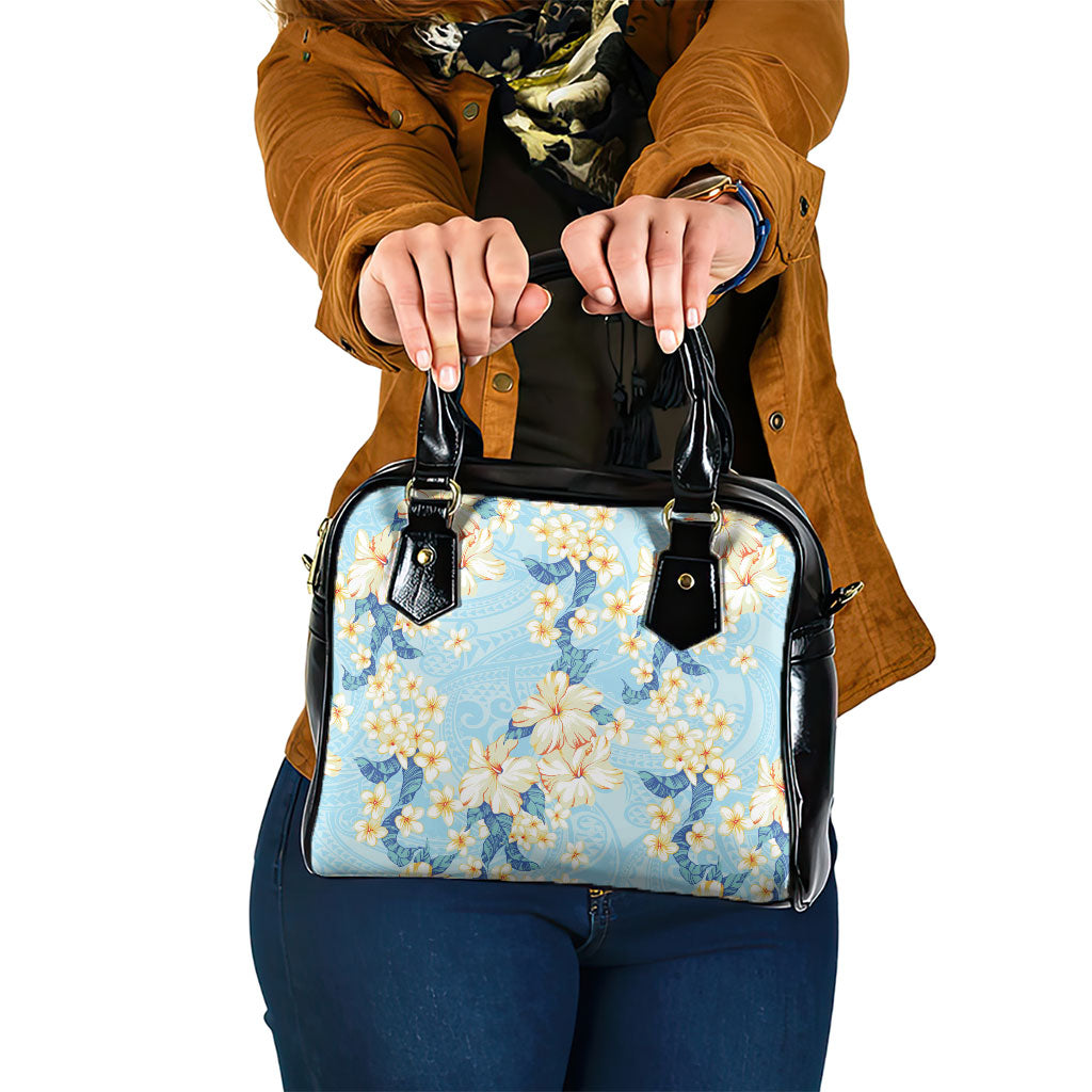 Hawaii Hibiscus Plumeria Blue Shoulder Handbag Polynesian Pattern