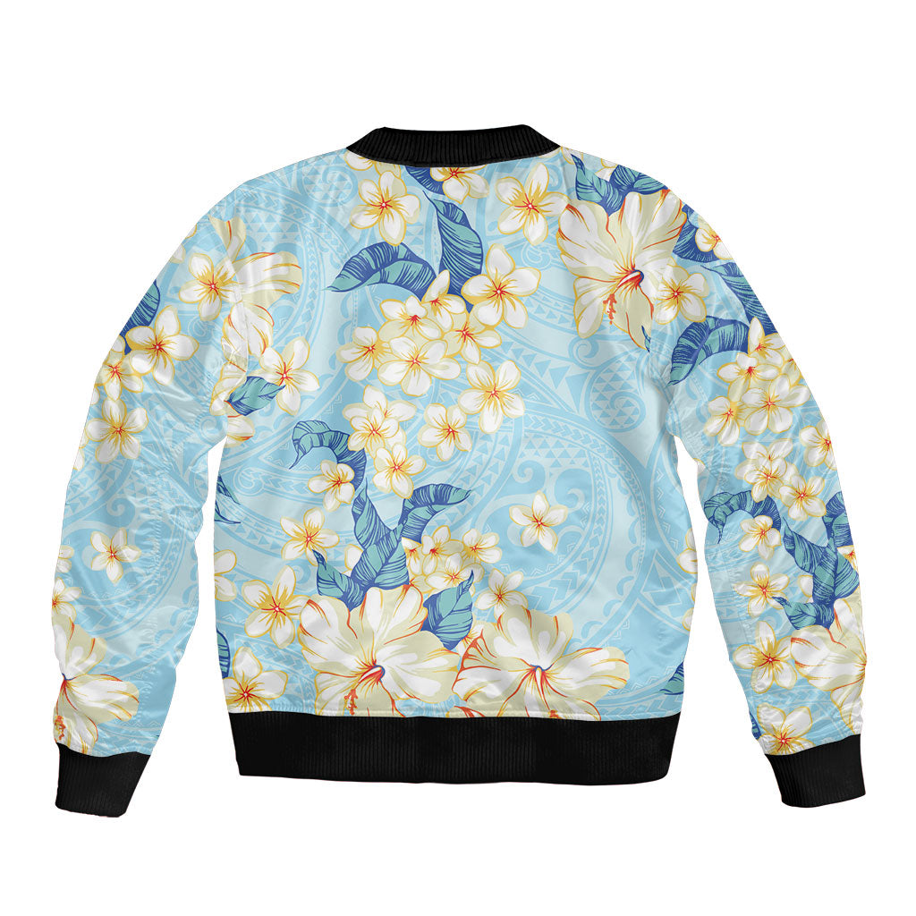 Hawaii Hibiscus Plumeria Blue Sleeve Zip Bomber Jacket Polynesian Pattern LT01 - Polynesian Pride