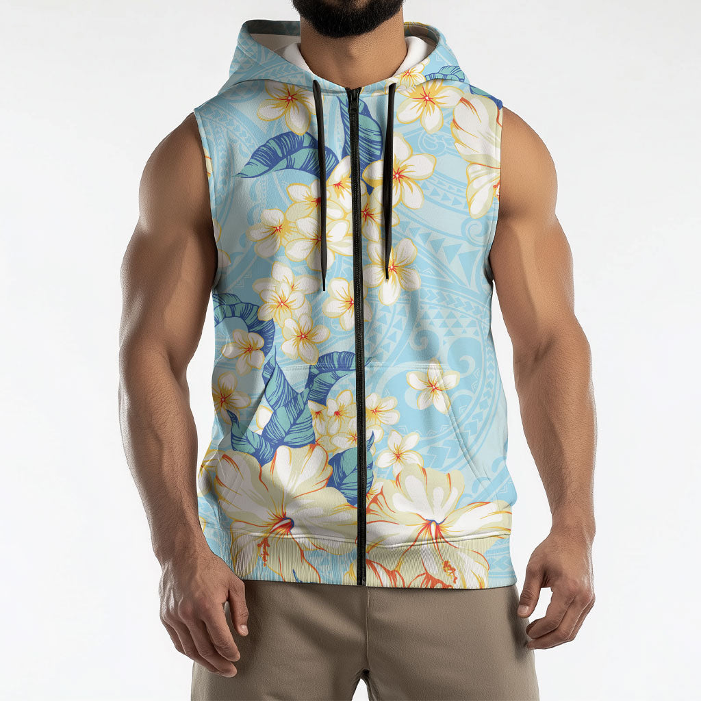 Hawaii Hibiscus Plumeria Blue Sleeveless Zip Hoodie Polynesian Pattern LT01 - Polynesian Pride