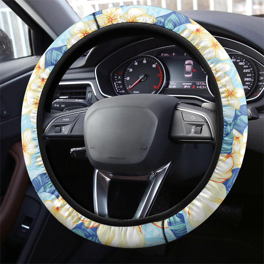 Hawaii Hibiscus Plumeria Blue Steering Wheel Cover Polynesian Pattern LT01 - Polynesian Pride