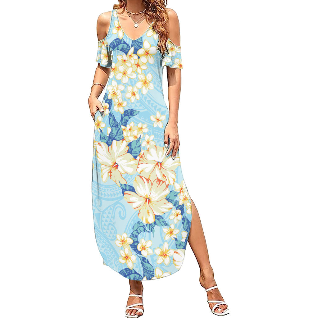 Hawaii Hibiscus Plumeria Blue Summer Maxi Dress Polynesian Pattern LT01 Women Blue - Polynesian Pride
