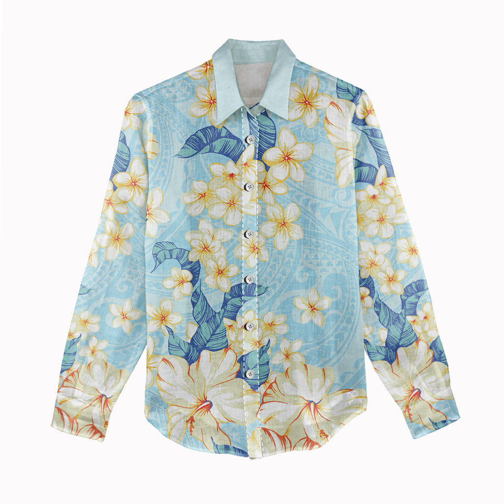Hawaii Hibiscus Plumeria Blue Women Casual Shirt Polynesian Pattern LT01 - Polynesian Pride