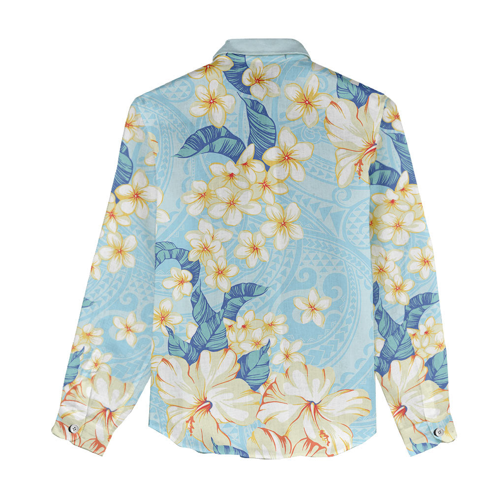 Hawaii Hibiscus Plumeria Blue Women Casual Shirt Polynesian Pattern LT01 - Polynesian Pride