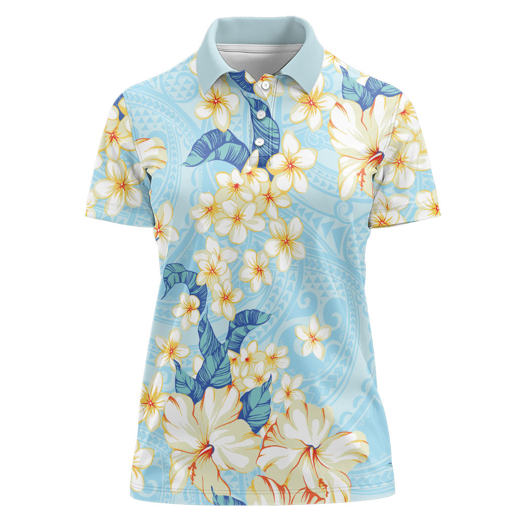 Hawaii Hibiscus Plumeria Blue Women Polo Shirt Polynesian Pattern LT01 Female Blue - Polynesian Pride