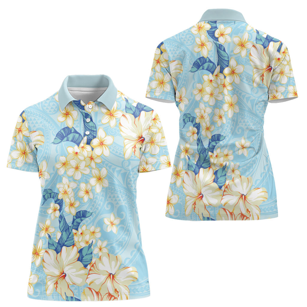 Hawaii Hibiscus Plumeria Blue Women Polo Shirt Polynesian Pattern LT01 - Polynesian Pride