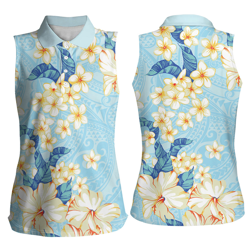 Hawaii Hibiscus Plumeria Blue Women Sleeveless Polo Shirt Polynesian Pattern LT01 - Polynesian Pride