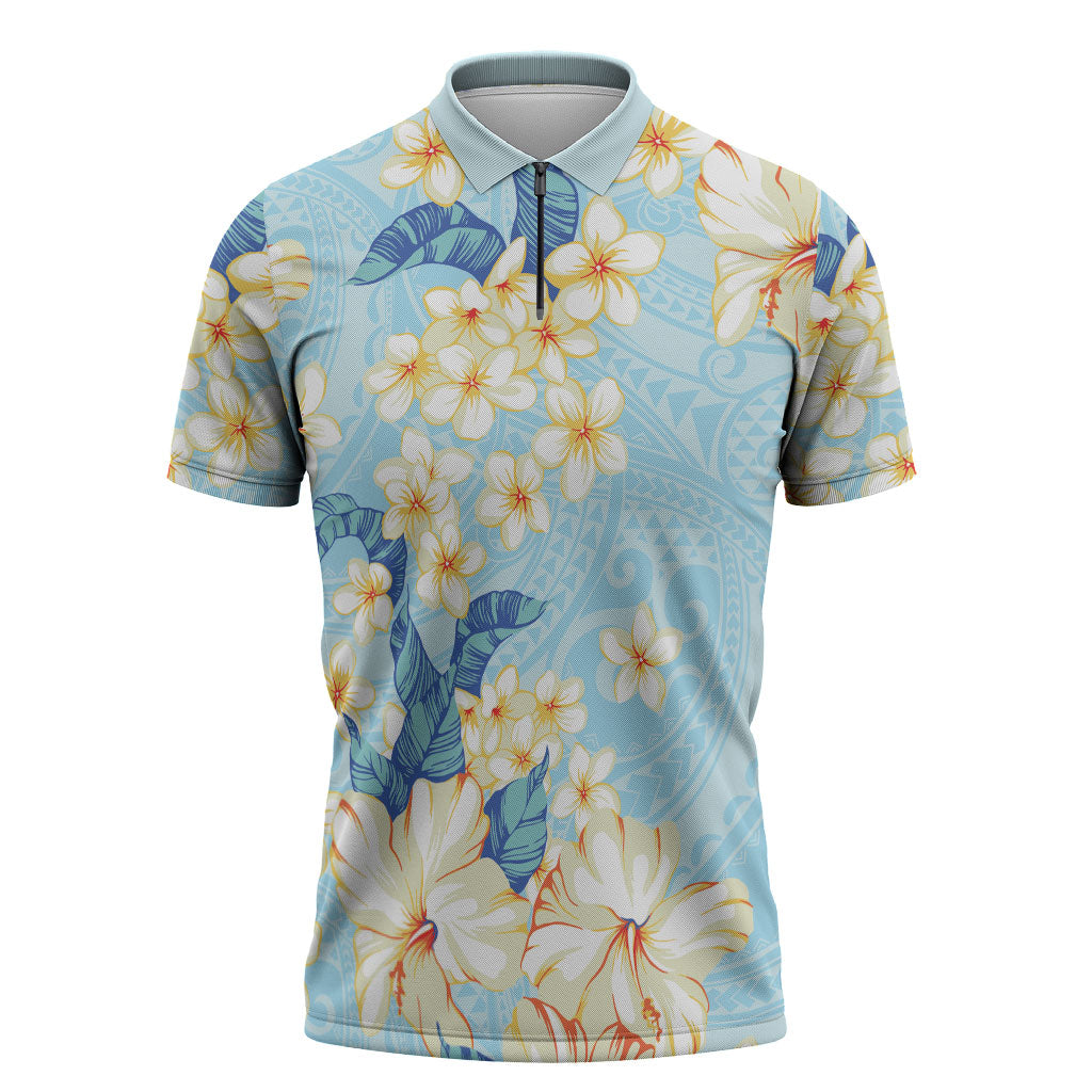 Hawaii Hibiscus Plumeria Blue Zipper Polo Shirt Polynesian Pattern LT01 Blue - Polynesian Pride