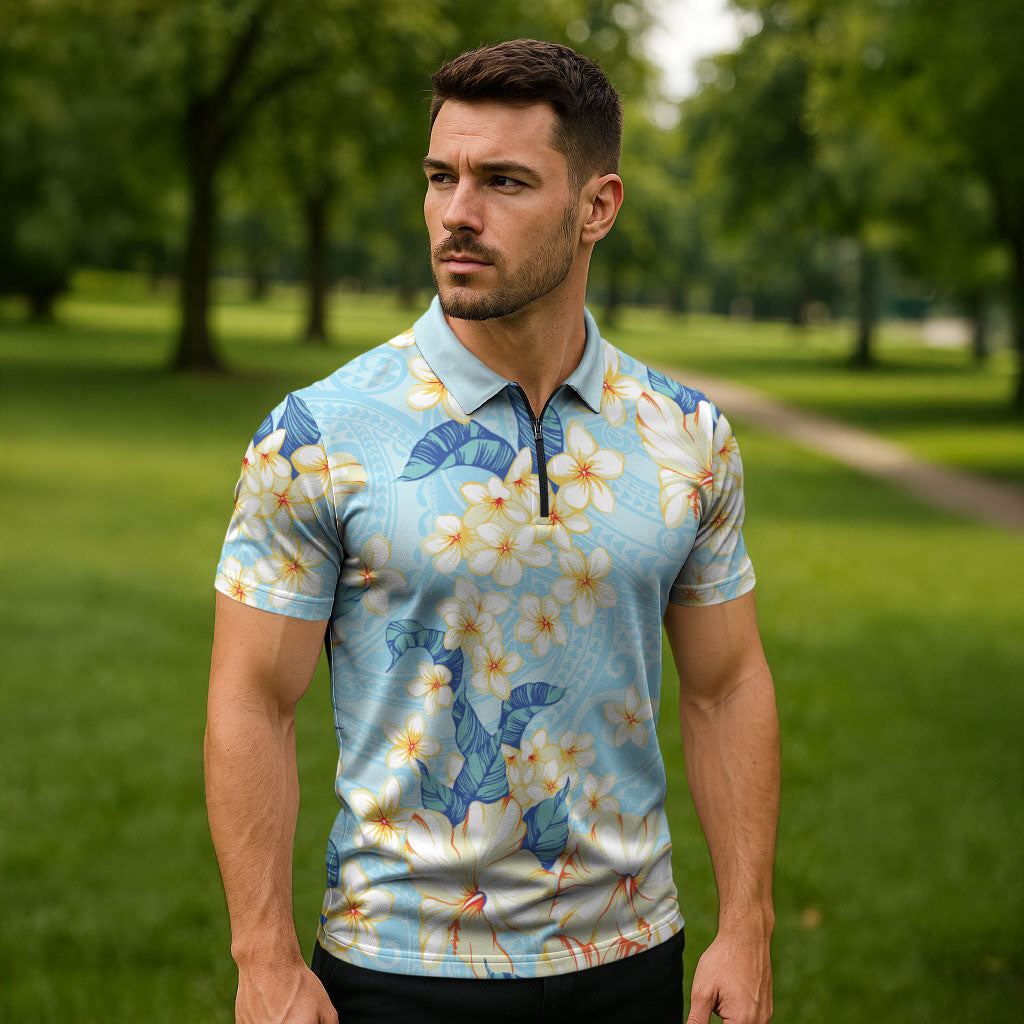 Hawaii Hibiscus Plumeria Blue Zipper Polo Shirt Polynesian Pattern LT01 - Polynesian Pride