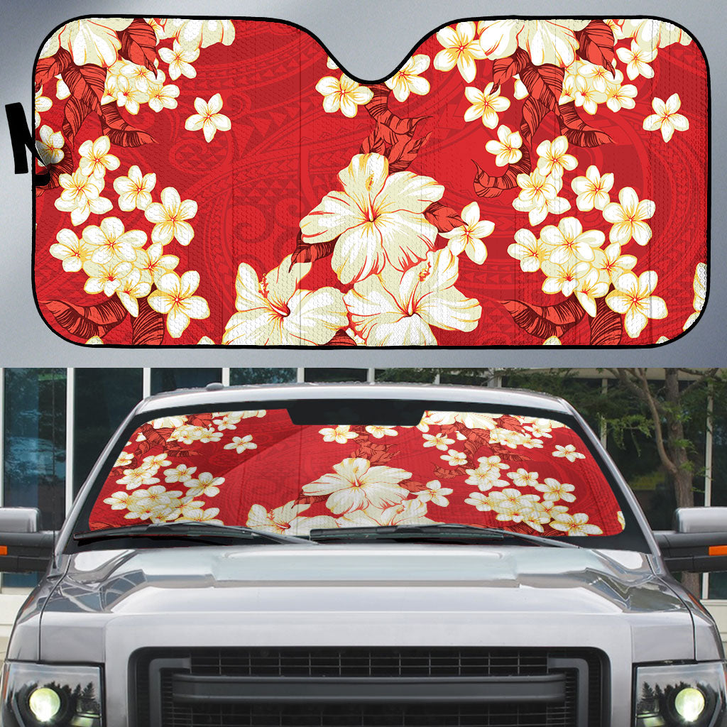 Hawaii Hibiscus Plumeria Red Auto Sun Shade Polynesian Pattern