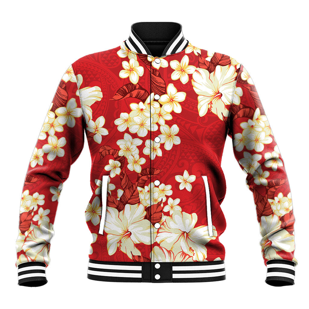 Hawaii Hibiscus Plumeria Red Baseball Jacket Polynesian Pattern