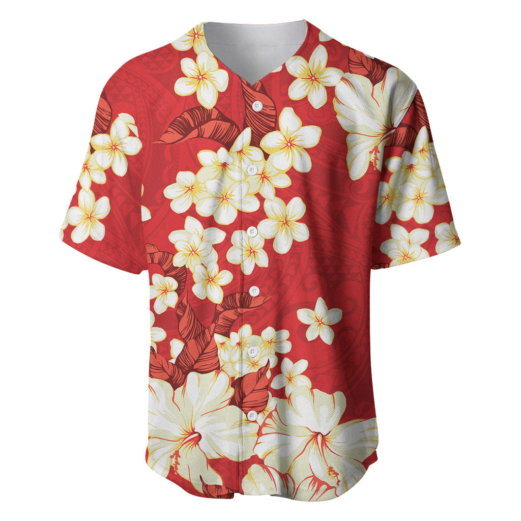 Hawaii Hibiscus Plumeria Red Baseball Jersey Polynesian Pattern