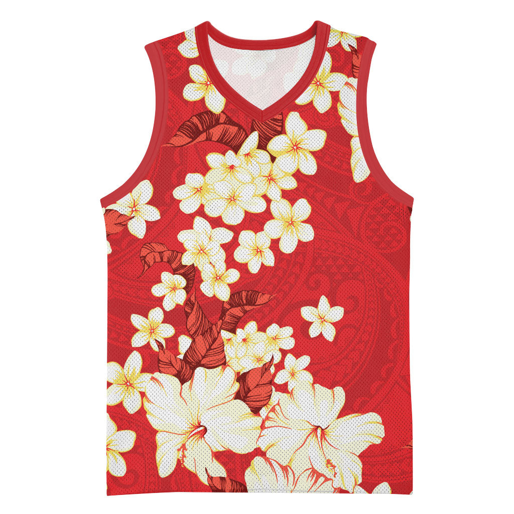 Hawaii Hibiscus Plumeria Red Basketball Jersey Polynesian Pattern