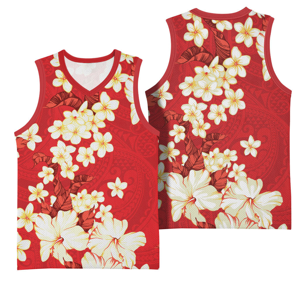 Hawaii Hibiscus Plumeria Red Basketball Jersey Polynesian Pattern
