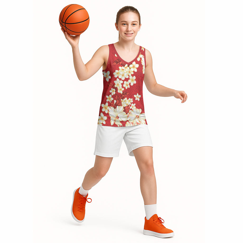Hawaii Hibiscus Plumeria Red Basketball Jersey Polynesian Pattern