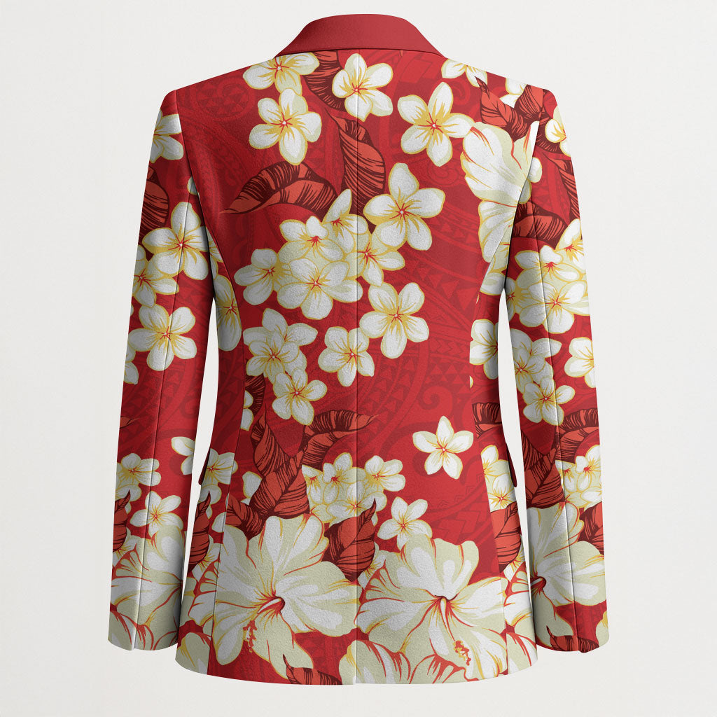 Hawaii Hibiscus Plumeria Red Blazer Polynesian Pattern