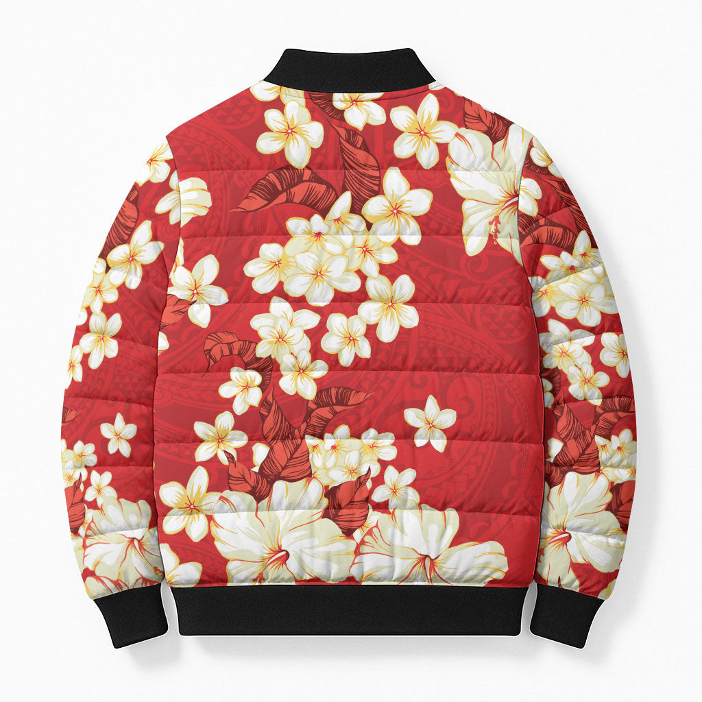 Hawaii Hibiscus Plumeria Red Bomber Puffer Jacket Polynesian Pattern LT01 - Polynesian Pride