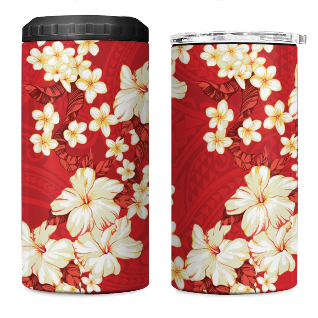 Hawaii Hibiscus Plumeria Red 4 in 1 Can Cooler Tumbler Polynesian Pattern