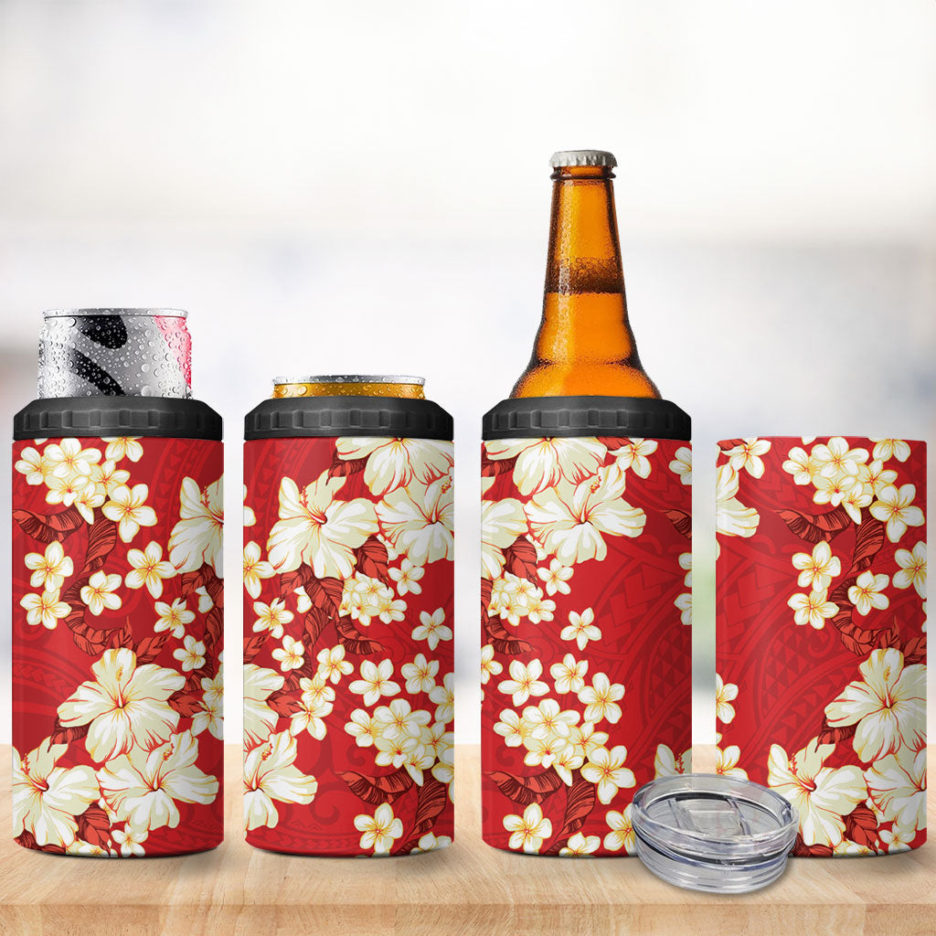 Hawaii Hibiscus Plumeria Red 4 in 1 Can Cooler Tumbler Polynesian Pattern