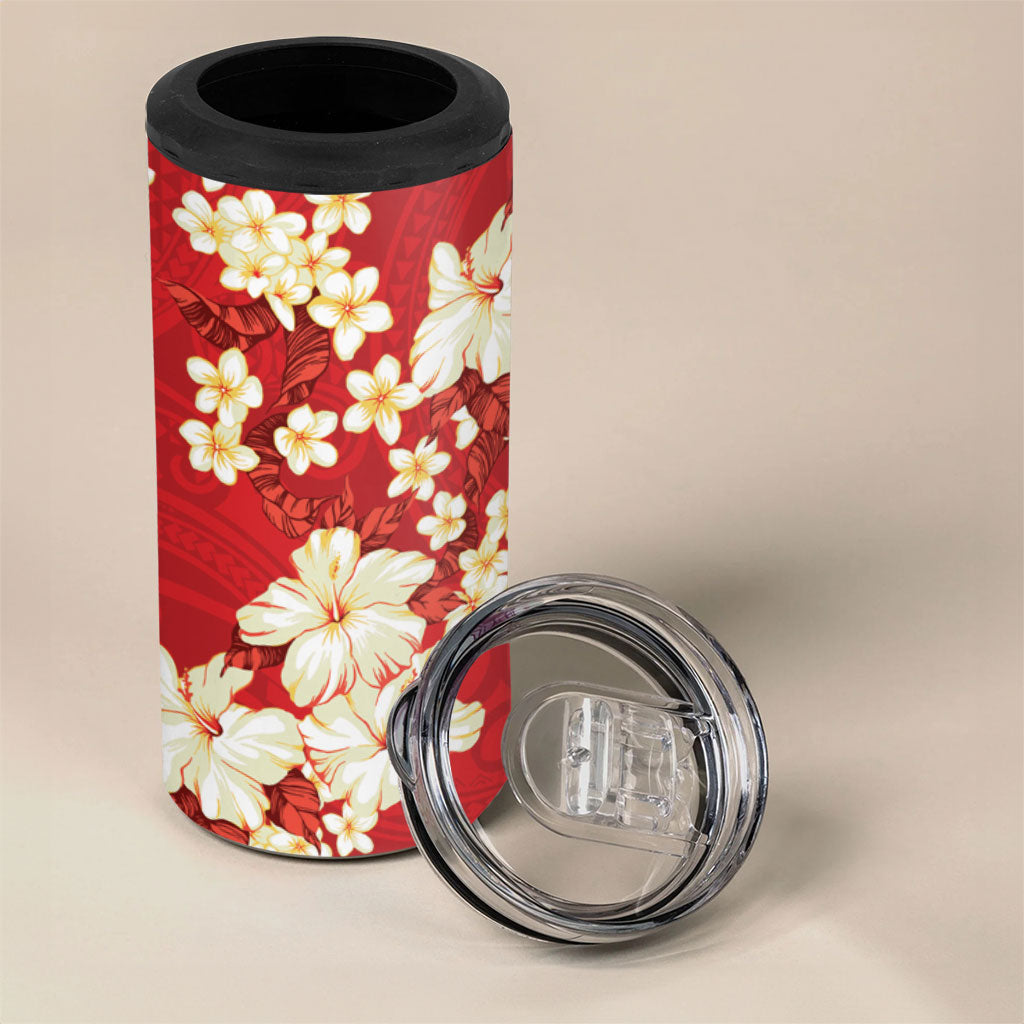 Hawaii Hibiscus Plumeria Red 4 in 1 Can Cooler Tumbler Polynesian Pattern