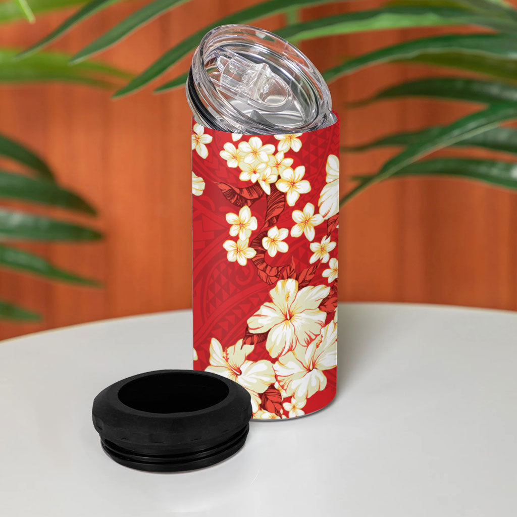 Hawaii Hibiscus Plumeria Red 4 in 1 Can Cooler Tumbler Polynesian Pattern
