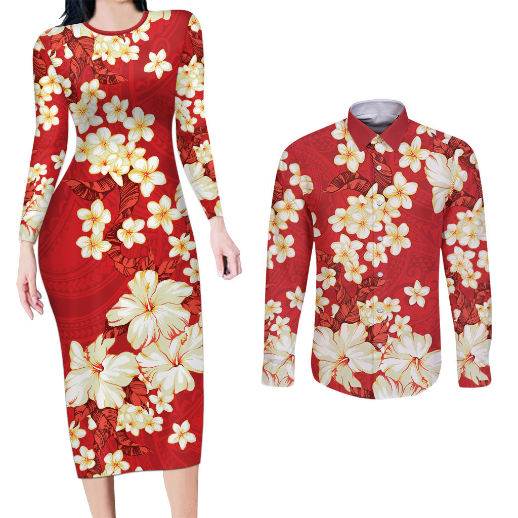 Hawaii Hibiscus Plumeria Red Couples Matching Long Sleeve Bodycon Dress and Long Sleeve Button Shirt Polynesian Pattern