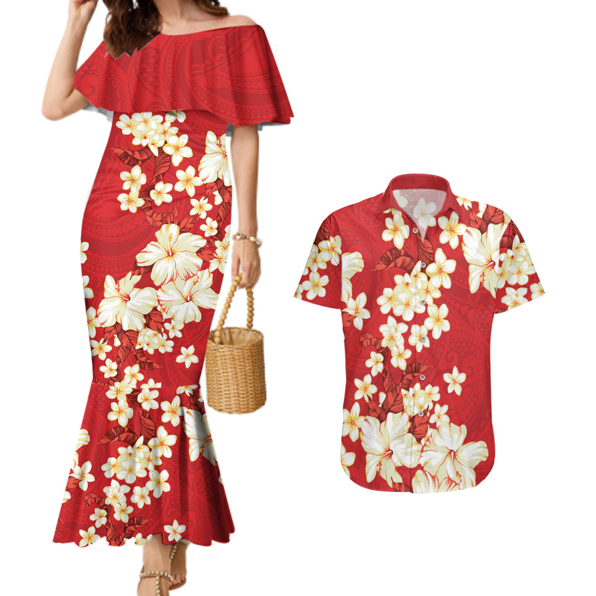 Hawaii Hibiscus Plumeria Red Couples Matching Mermaid Dress and Hawaiian Shirt Polynesian Pattern