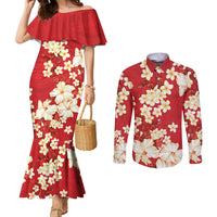 Hawaii Hibiscus Plumeria Red Couples Matching Mermaid Dress and Long Sleeve Button Shirt Polynesian Pattern