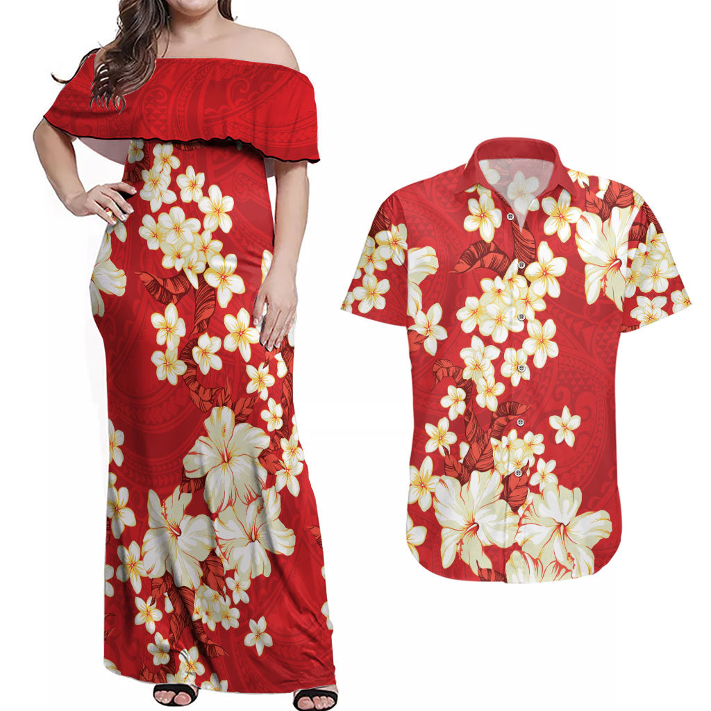 Hawaii Hibiscus Plumeria Red Couples Matching Off Shoulder Maxi Dress and Hawaiian Shirt Polynesian Pattern LT01 Red - Polynesian Pride