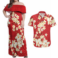 Hawaii Hibiscus Plumeria Red Couples Matching Off Shoulder Maxi Dress and Hawaiian Shirt Polynesian Pattern LT01 Red - Polynesian Pride